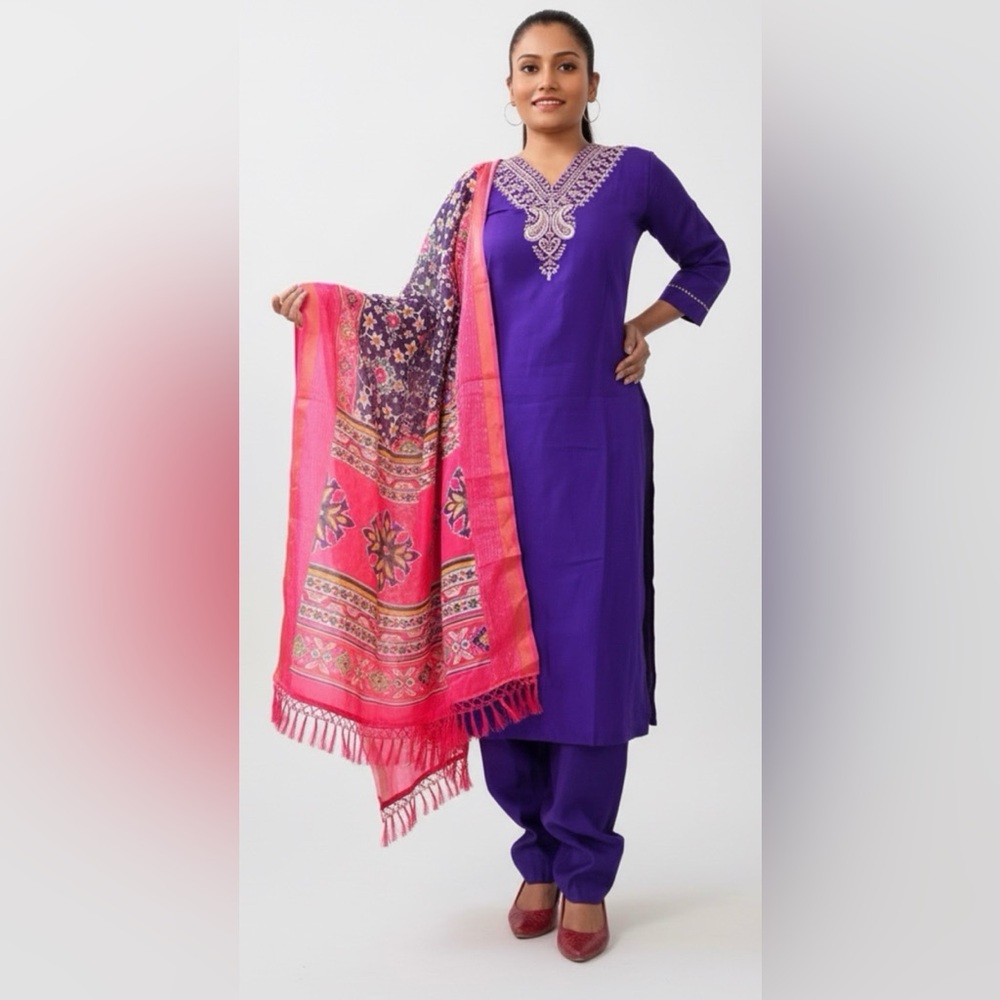 Pakistani/ Indian Purple and Red Women's cotton embroidered salwar suit